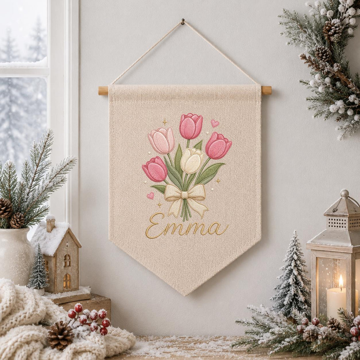 Personalized Embroidered Tulip Bouquet Banner, Custom Name Nursery Decor