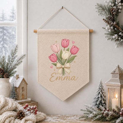 Personalized Embroidered Tulip Bouquet Banner, Custom Name Nursery Decor