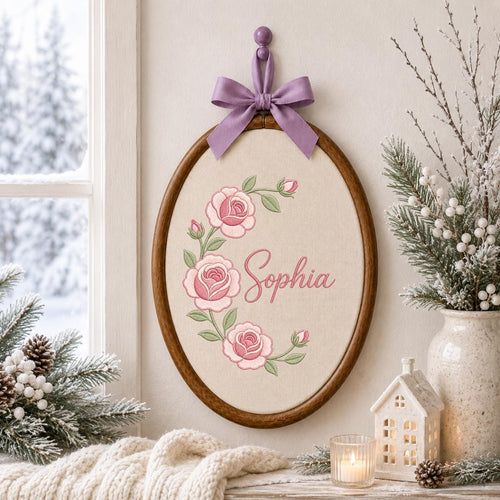 Personalized Oval Rose Embroidery Hoop Art, Custom Name Floral Wreath Nursery Decor
