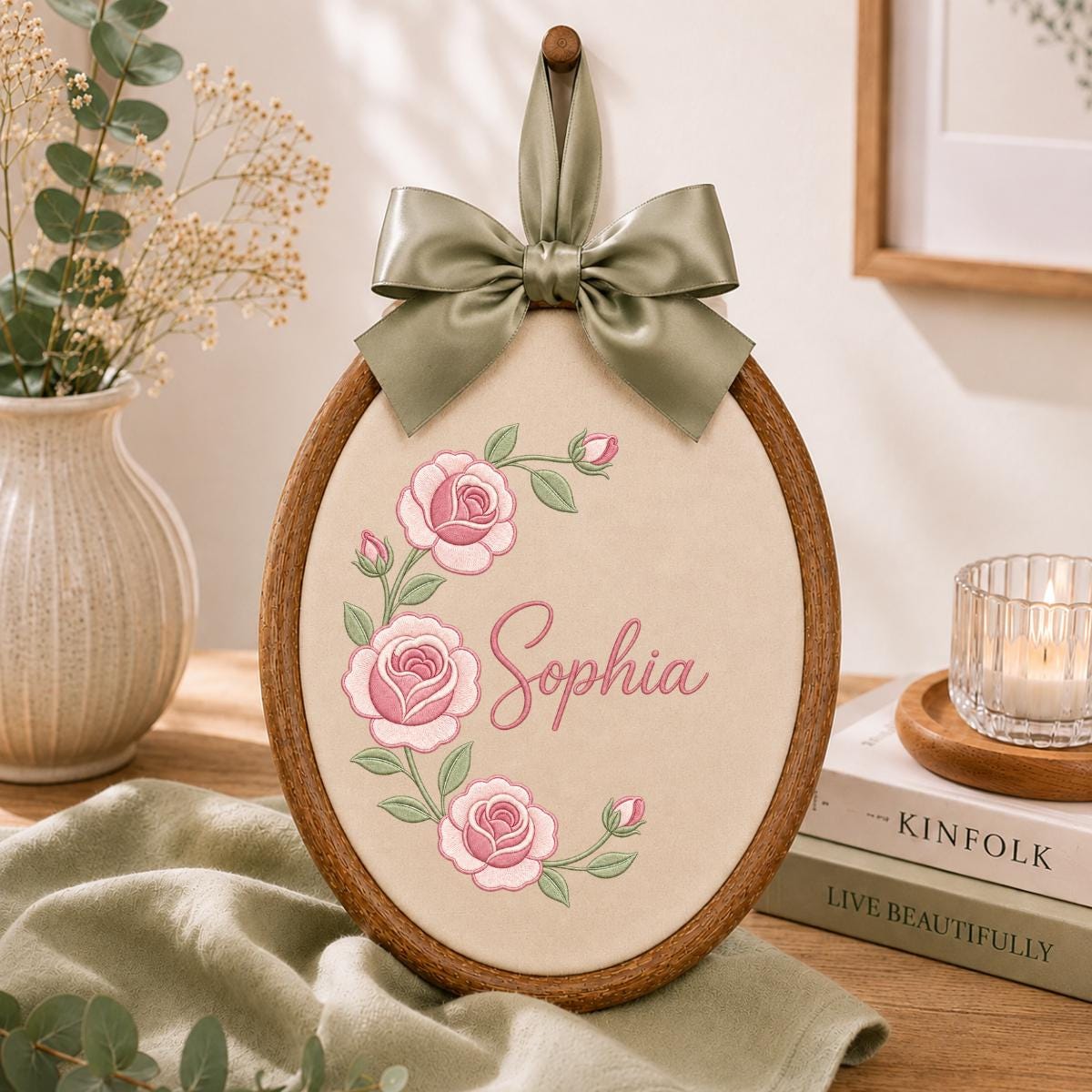 Personalized Oval Rose Embroidery Hoop Art, Custom Name Floral Wreath Nursery Decor