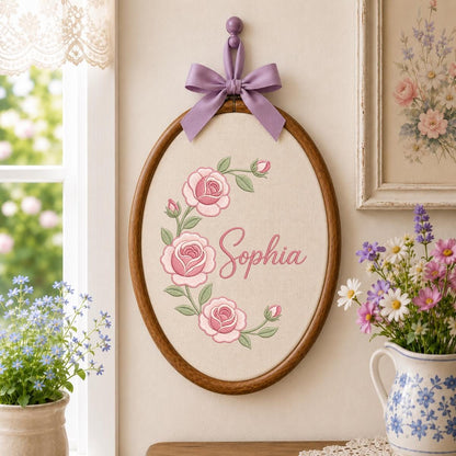 Personalized Oval Rose Embroidery Hoop Art, Custom Name Floral Wreath Nursery Decor