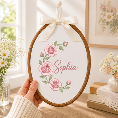 Personalized Oval Rose Embroidery Hoop Art, Custom Name Floral Wreath Nursery Decor