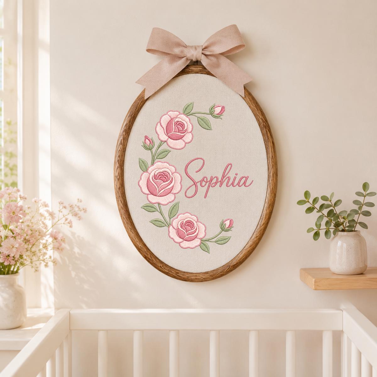Personalized Oval Rose Embroidery Hoop Art, Custom Name Floral Wreath Nursery Decor