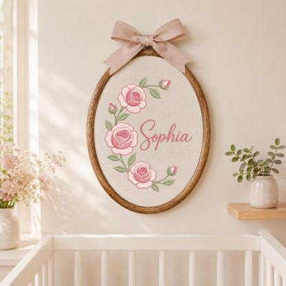 Personalized Oval Rose Embroidery Hoop Art, Custom Name Floral Wreath Nursery Decor