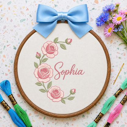 Personalized Oval Rose Embroidery Hoop Art, Custom Name Floral Wreath Nursery Decor