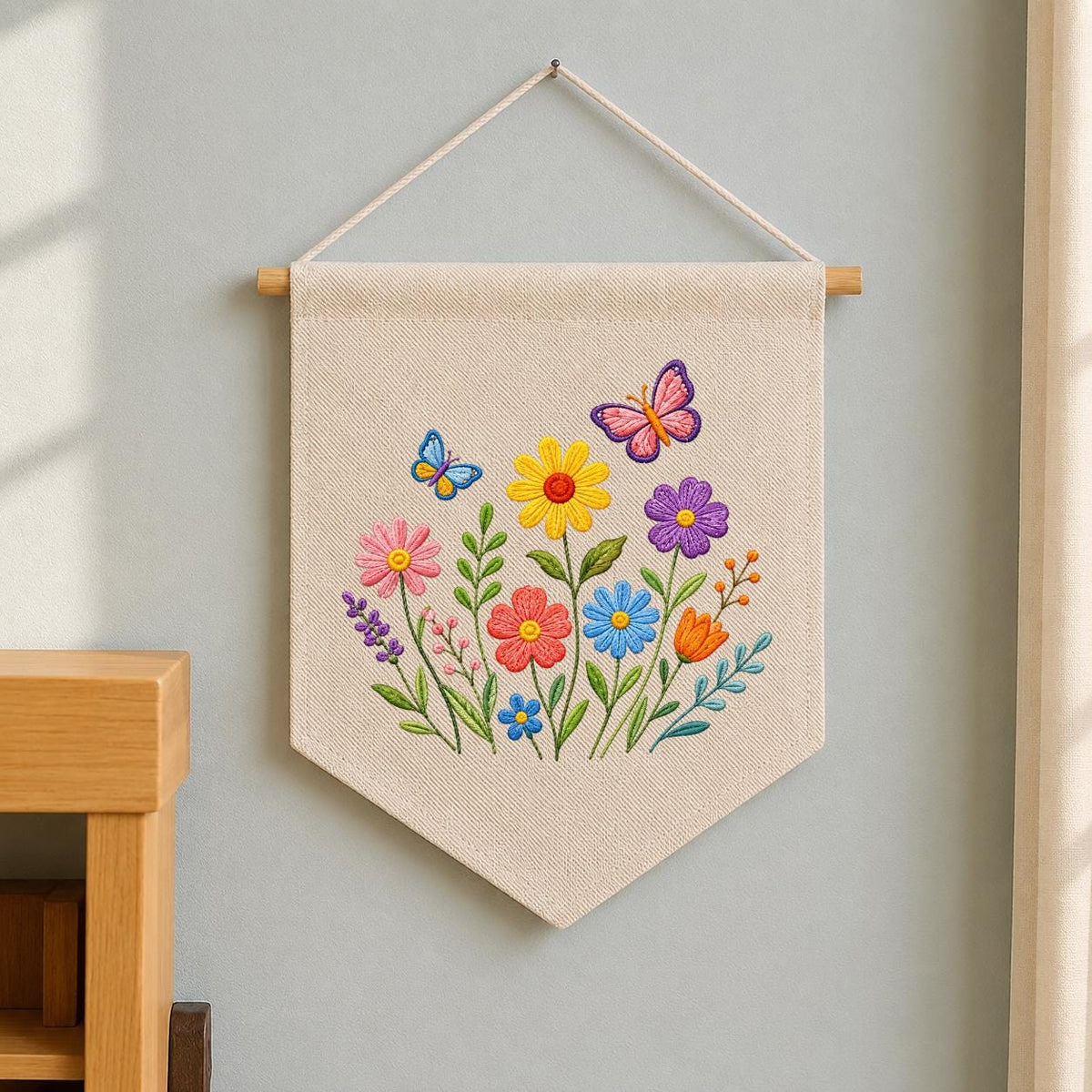 Embroidered Wildflower Butterfly Pennant Banner, Floral Meadow Wall Hanging Sign
