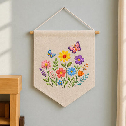 Embroidered Wildflower Butterfly Pennant Banner, Floral Meadow Wall Hanging Sign