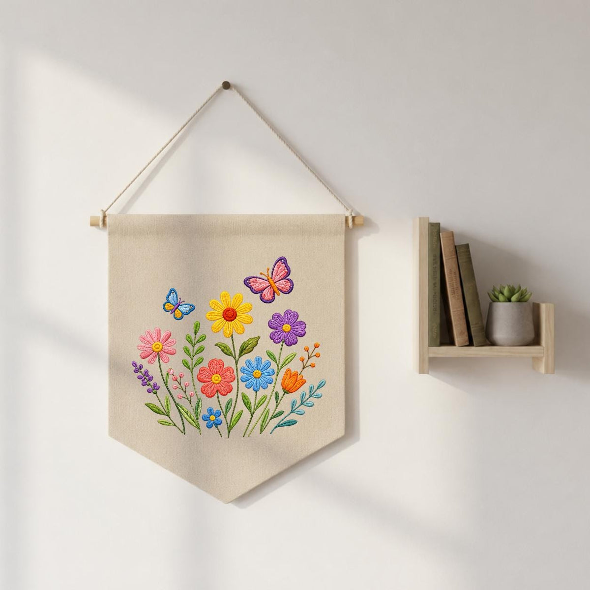 Embroidered Wildflower Butterfly Pennant Banner, Floral Meadow Wall Hanging Sign