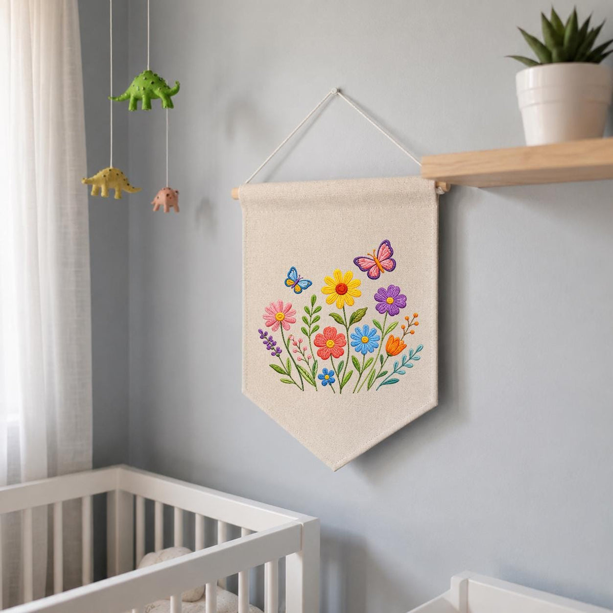 Embroidered Wildflower Butterfly Pennant Banner, Floral Meadow Wall Hanging Sign