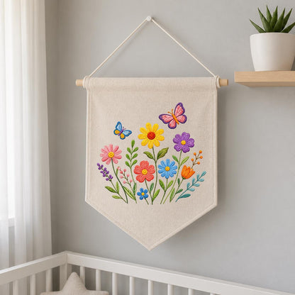 Embroidered Wildflower Butterfly Pennant Banner, Floral Meadow Wall Hanging Sign