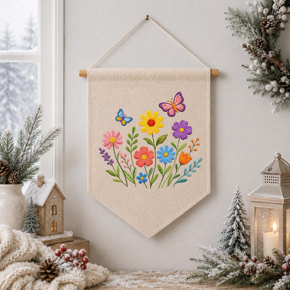 Embroidered Wildflower Butterfly Pennant Banner, Floral Meadow Wall Hanging Sign