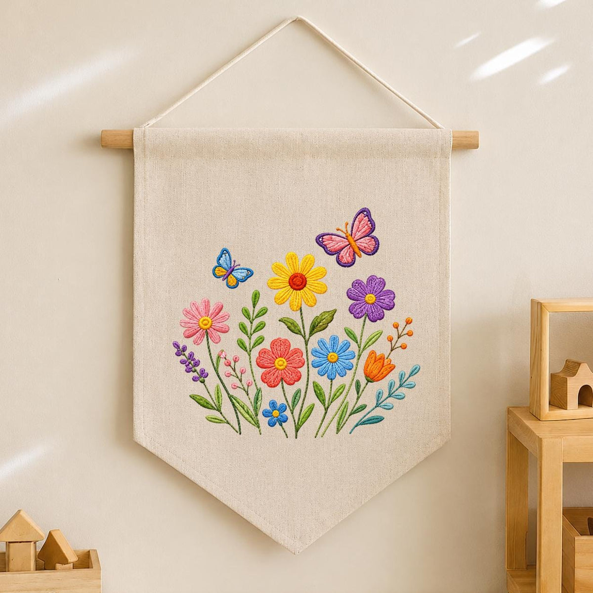 Embroidered Wildflower Butterfly Pennant Banner, Floral Meadow Wall Hanging Sign