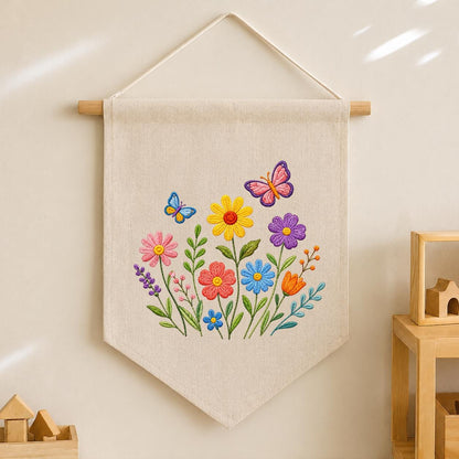 Embroidered Wildflower Butterfly Pennant Banner, Floral Meadow Wall Hanging Sign
