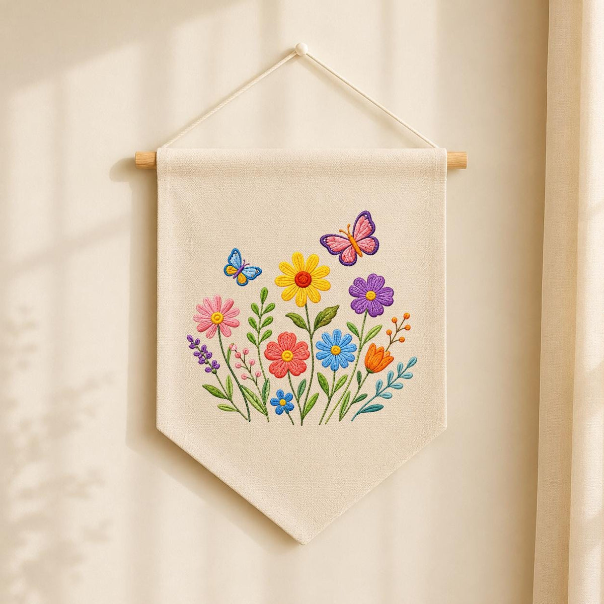Embroidered Wildflower Butterfly Pennant Banner, Floral Meadow Wall Hanging Sign