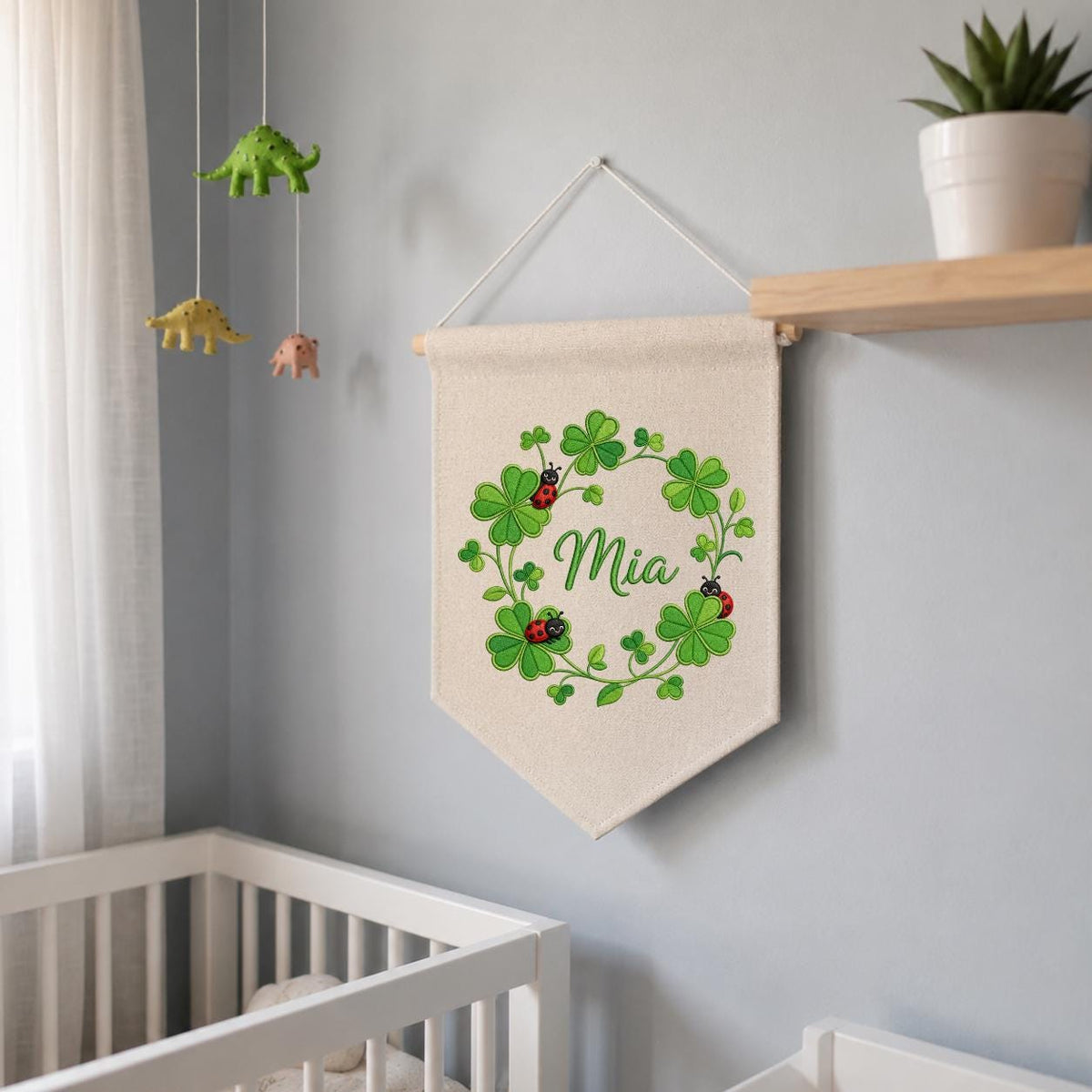 Embroidered Shamrock Clover Banner, Ladybug Botanical Nursery Wall Hanging, Mia Name Decor
