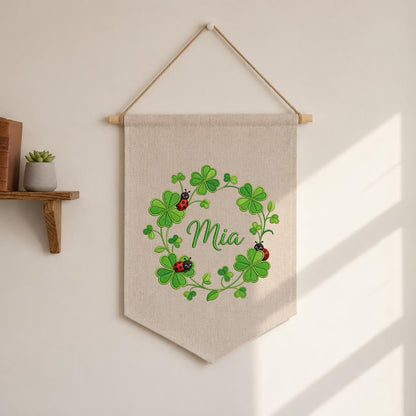 Embroidered Shamrock Clover Banner, Ladybug Botanical Nursery Wall Hanging, Mia Name Decor