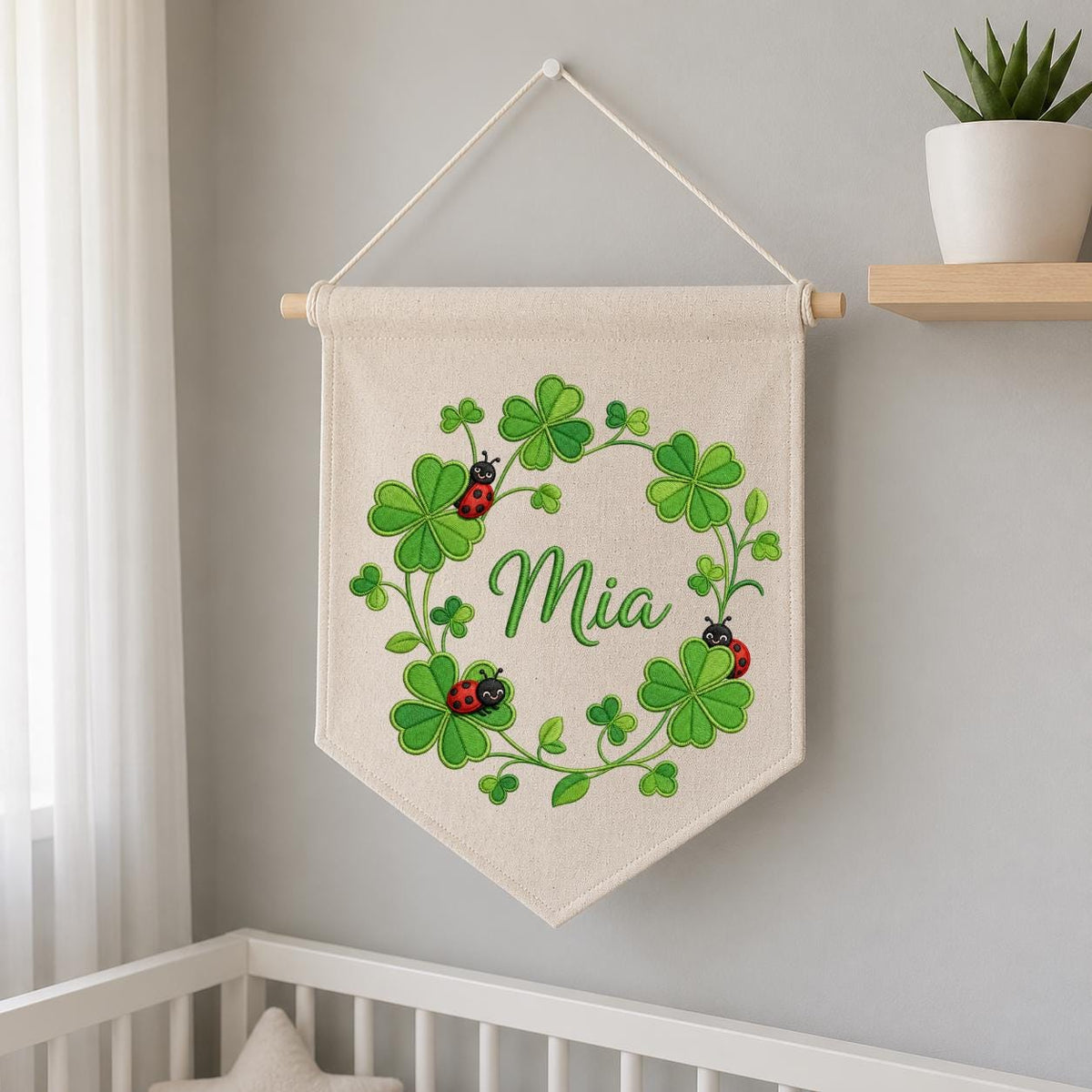 Embroidered Shamrock Clover Banner, Ladybug Botanical Nursery Wall Hanging, Mia Name Decor