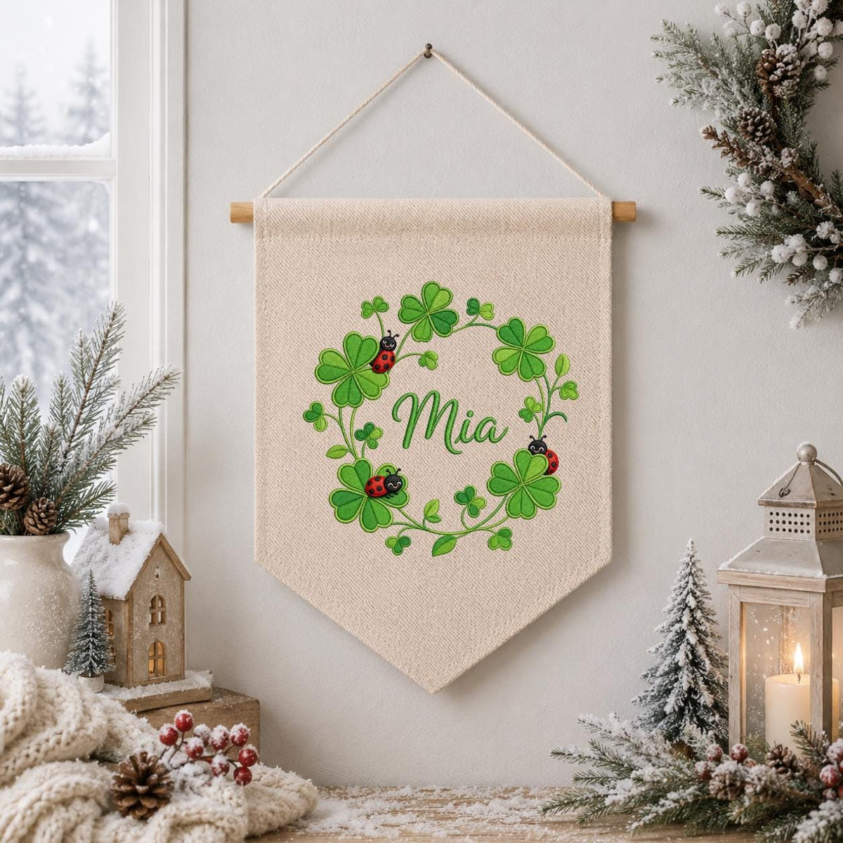 Embroidered Shamrock Clover Banner, Ladybug Botanical Nursery Wall Hanging, Mia Name Decor