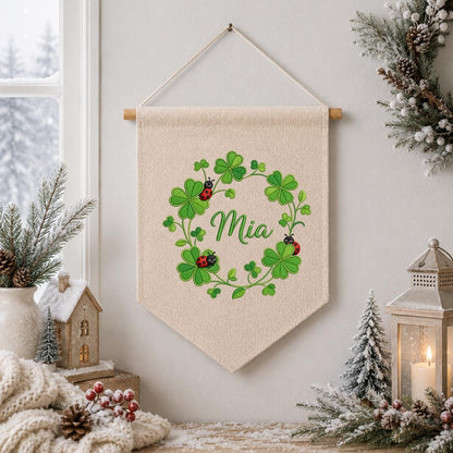 Embroidered Shamrock Clover Banner, Ladybug Botanical Nursery Wall Hanging, Mia Name Decor
