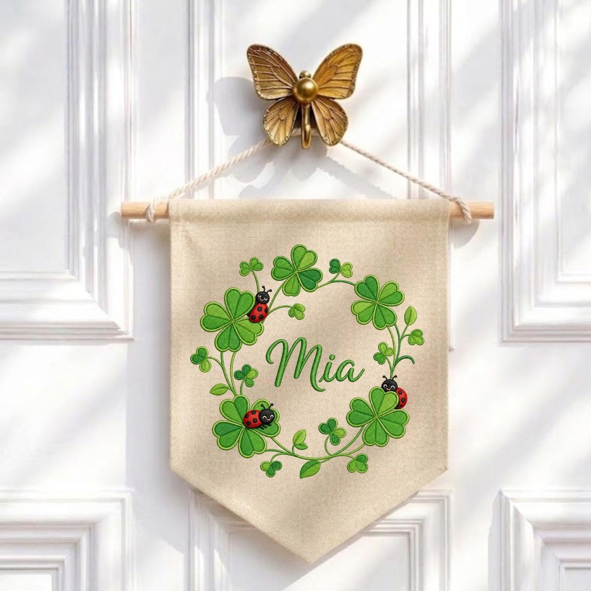 Embroidered Shamrock Clover Banner, Ladybug Botanical Nursery Wall Hanging, Mia Name Decor