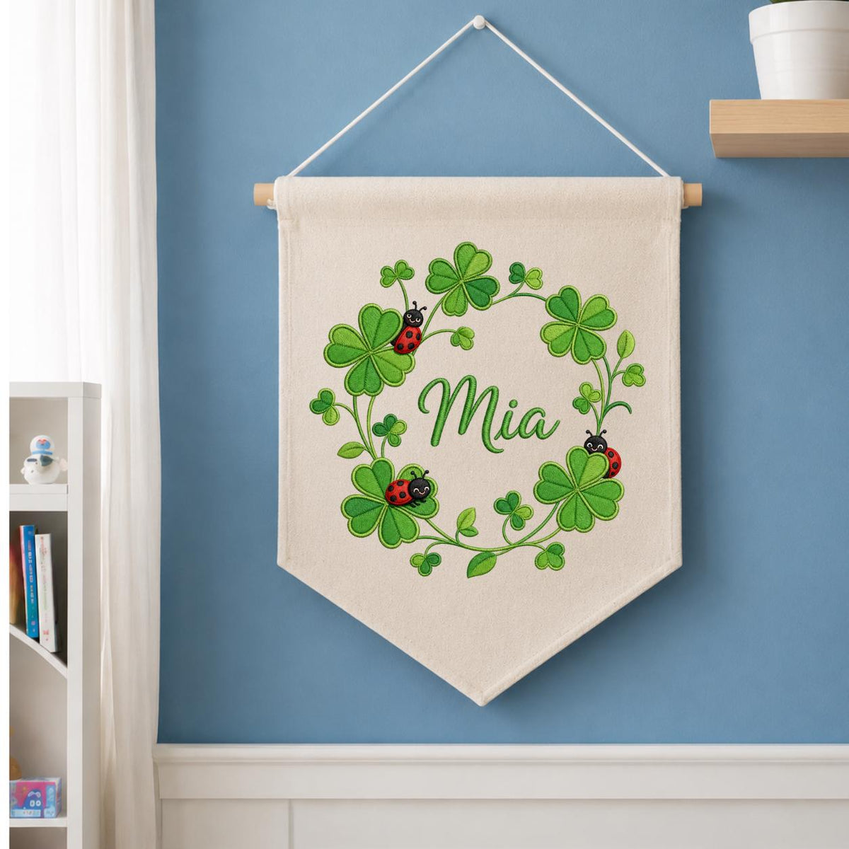 Embroidered Shamrock Clover Banner, Ladybug Botanical Nursery Wall Hanging, Mia Name Decor