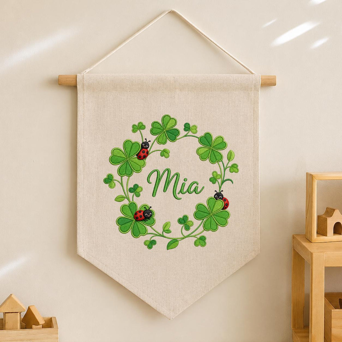 Embroidered Shamrock Clover Banner, Ladybug Botanical Nursery Wall Hanging, Mia Name Decor