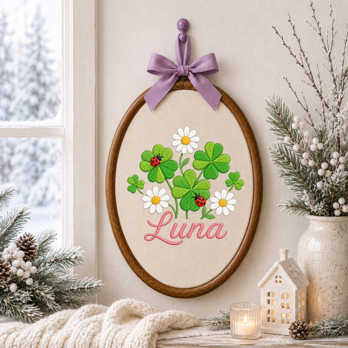 Personalized Clover Daisy Embroidery Hoop Art, Custom Name Wall Hanging, Girl Nursery Decor