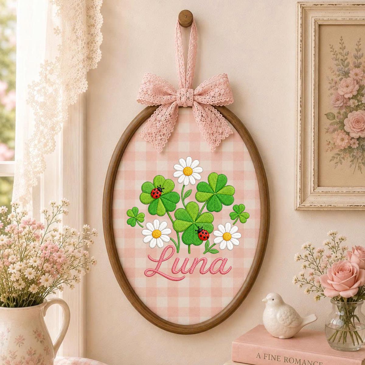 Personalized Clover Daisy Embroidery Hoop Art, Custom Name Wall Hanging, Girl Nursery Decor