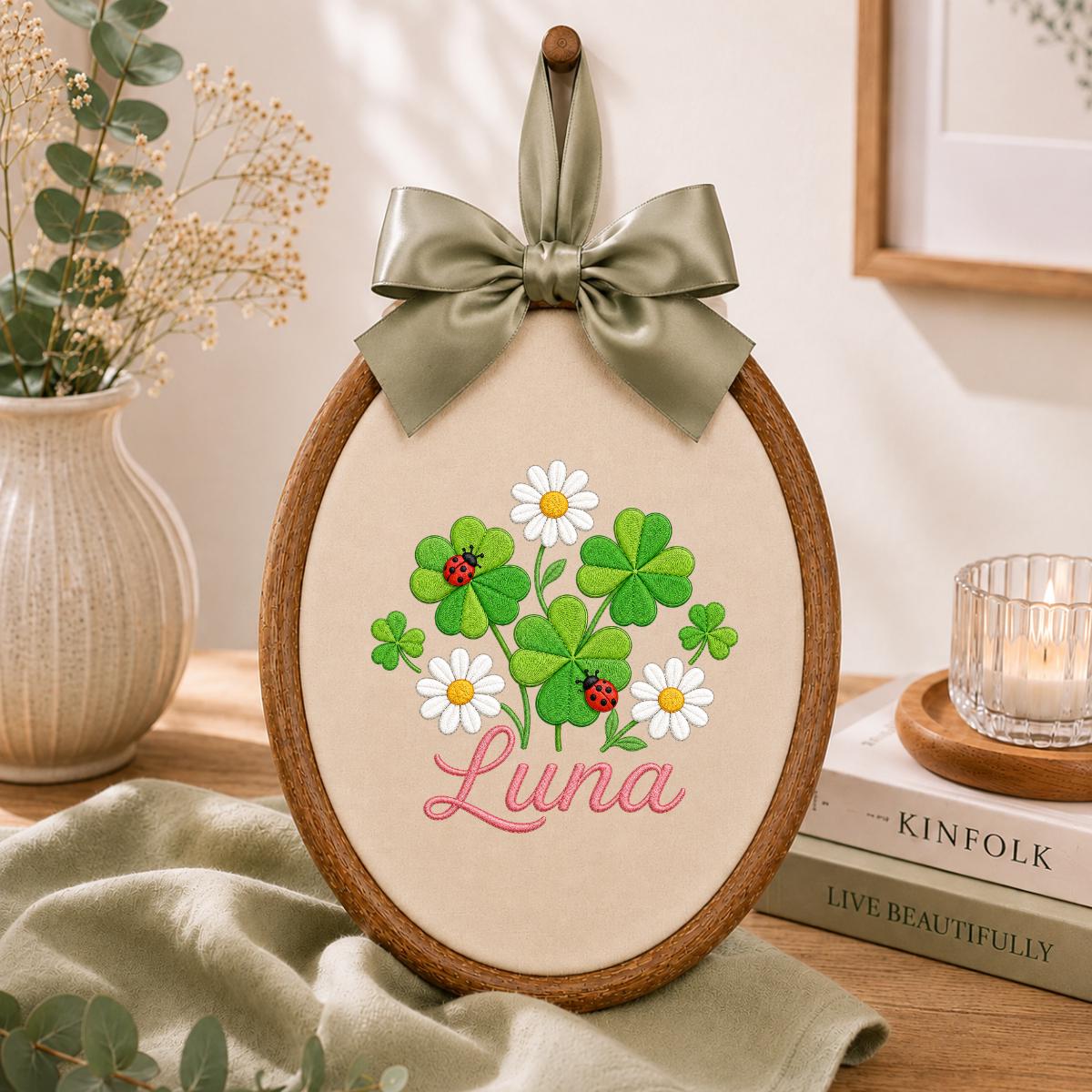 Personalized Clover Daisy Embroidery Hoop Art, Custom Name Wall Hanging, Girl Nursery Decor