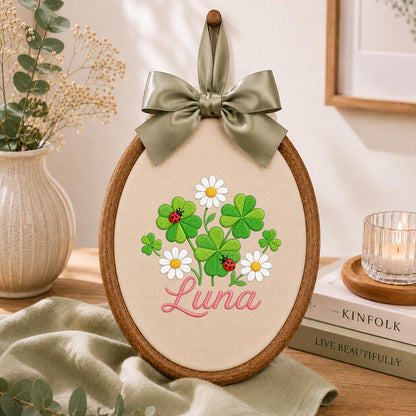 Personalized Clover Daisy Embroidery Hoop Art, Custom Name Wall Hanging, Girl Nursery Decor