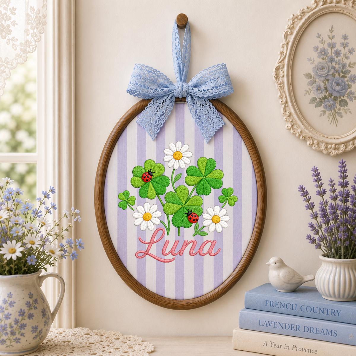 Personalized Clover Daisy Embroidery Hoop Art, Custom Name Wall Hanging, Girl Nursery Decor