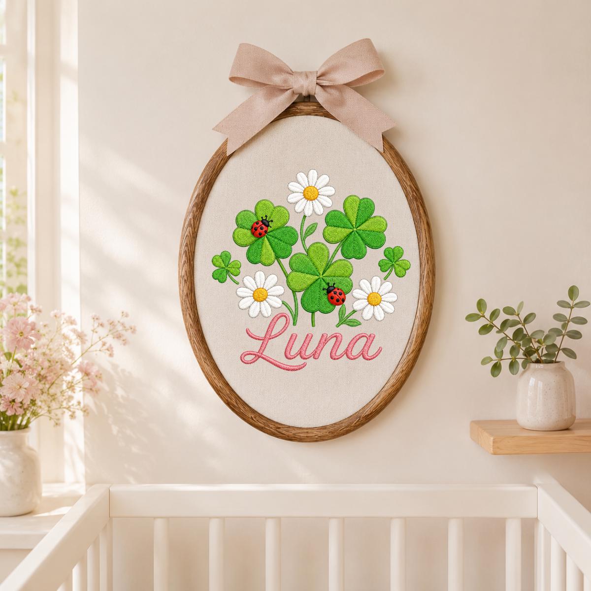 Personalized Clover Daisy Embroidery Hoop Art, Custom Name Wall Hanging, Girl Nursery Decor