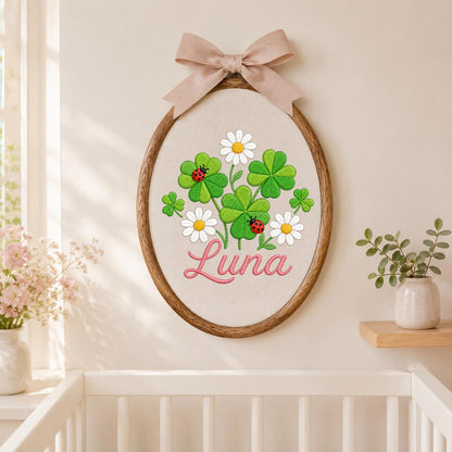 Personalized Clover Daisy Embroidery Hoop Art, Custom Name Wall Hanging, Girl Nursery Decor