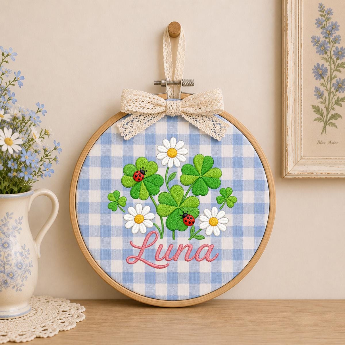 Personalized Clover Daisy Embroidery Hoop Art, Custom Name Wall Hanging, Girl Nursery Decor
