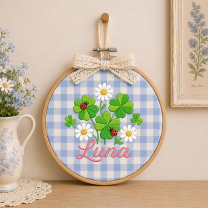 Personalized Clover Daisy Embroidery Hoop Art, Custom Name Wall Hanging, Girl Nursery Decor