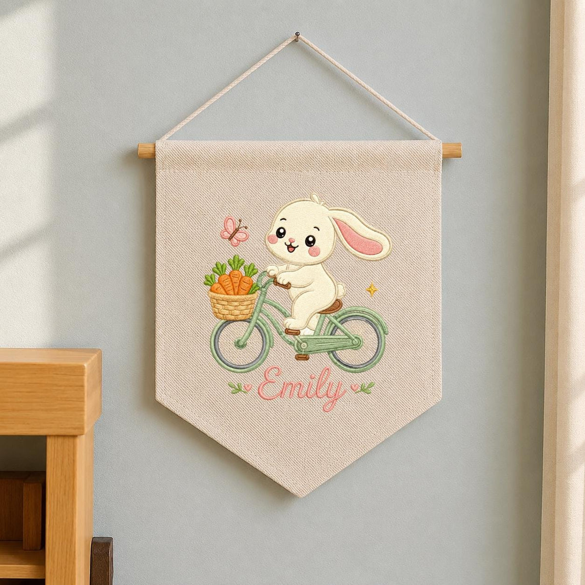 Embroidered Bunny Bike Linen Banner, Custom Name Nursery Decor, Carrot Wall Hanging