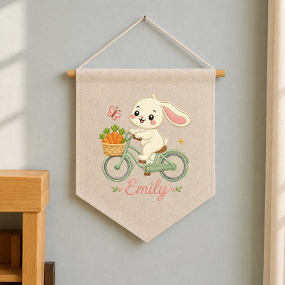 Embroidered Bunny Bike Linen Banner, Custom Name Nursery Decor, Carrot Wall Hanging