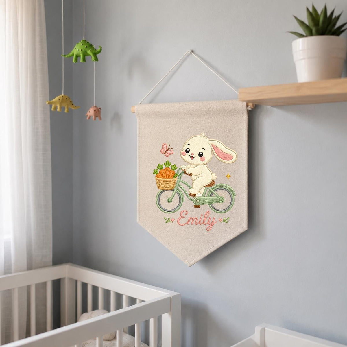 Embroidered Bunny Bike Linen Banner, Custom Name Nursery Decor, Carrot Wall Hanging