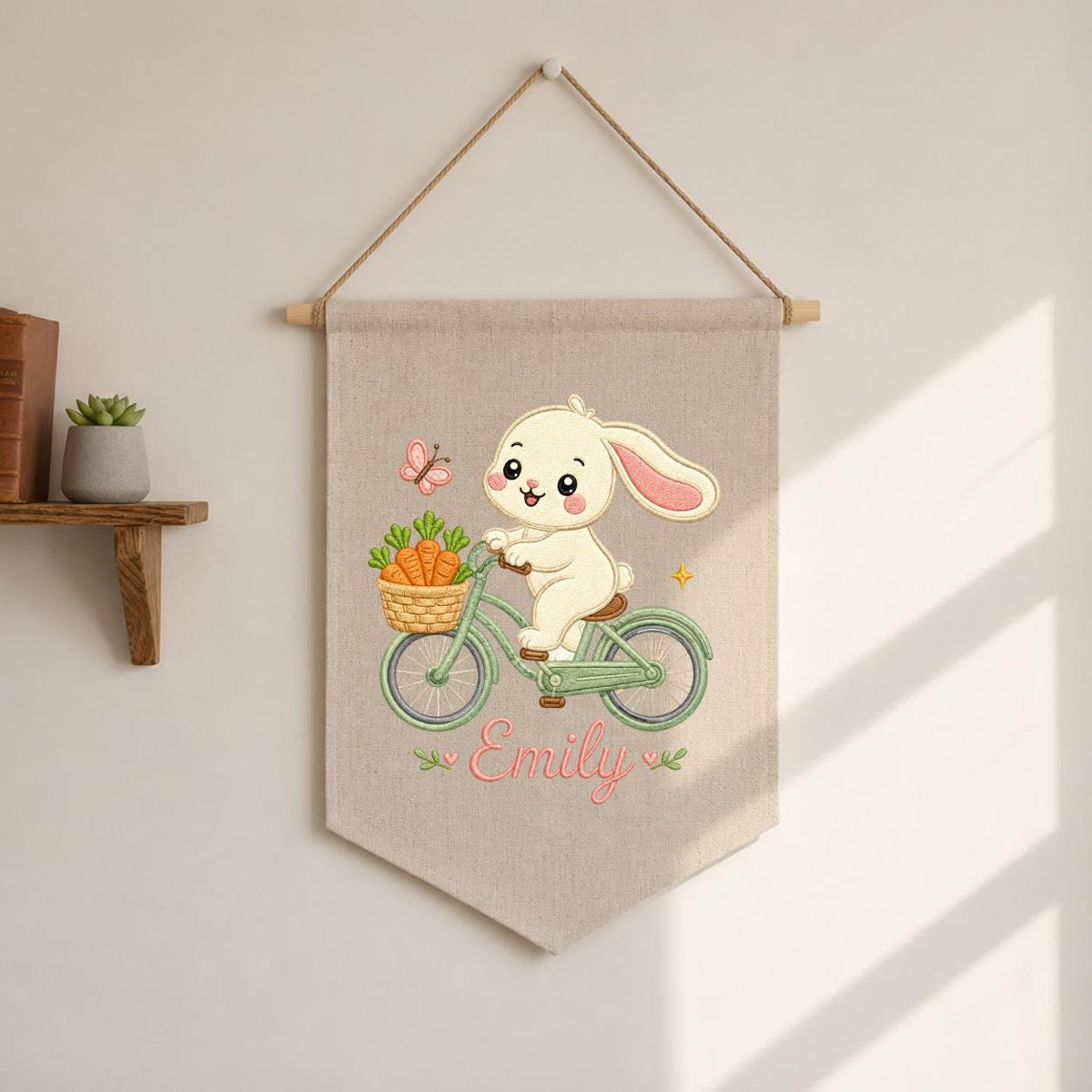 Embroidered Bunny Bike Linen Banner, Custom Name Nursery Decor, Carrot Wall Hanging