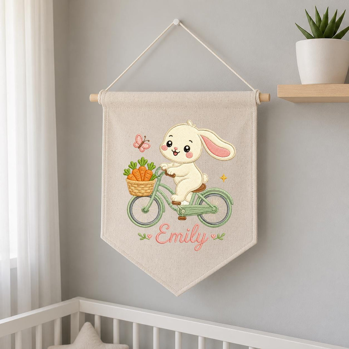 Embroidered Bunny Bike Linen Banner, Custom Name Nursery Decor, Carrot Wall Hanging