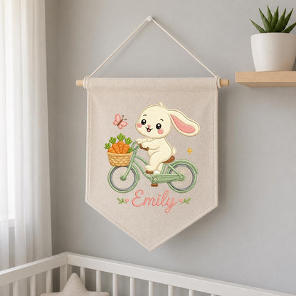 Embroidered Bunny Bike Linen Banner, Custom Name Nursery Decor, Carrot Wall Hanging