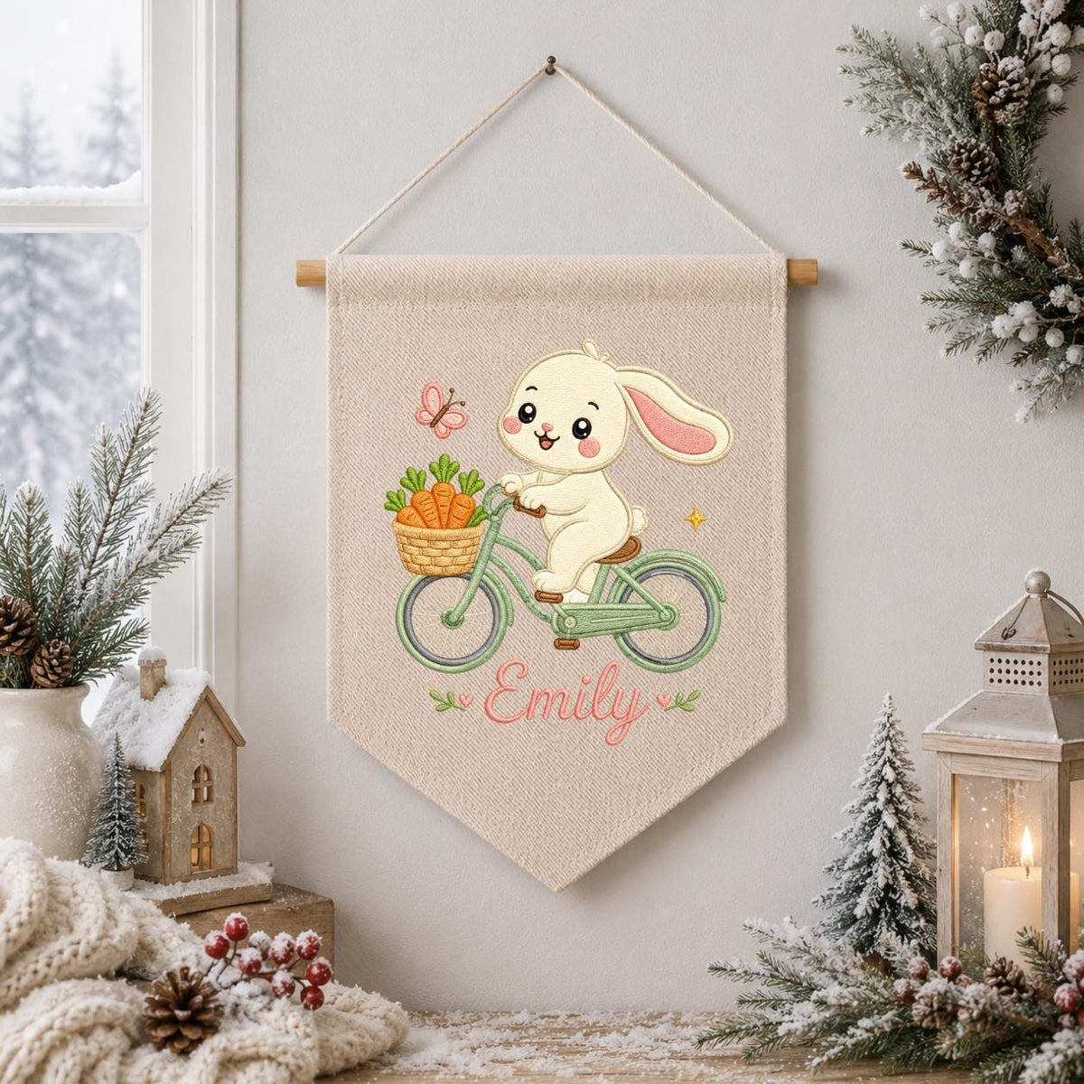 Embroidered Bunny Bike Linen Banner, Custom Name Nursery Decor, Carrot Wall Hanging