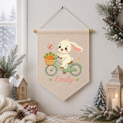 Embroidered Bunny Bike Linen Banner, Custom Name Nursery Decor, Carrot Wall Hanging