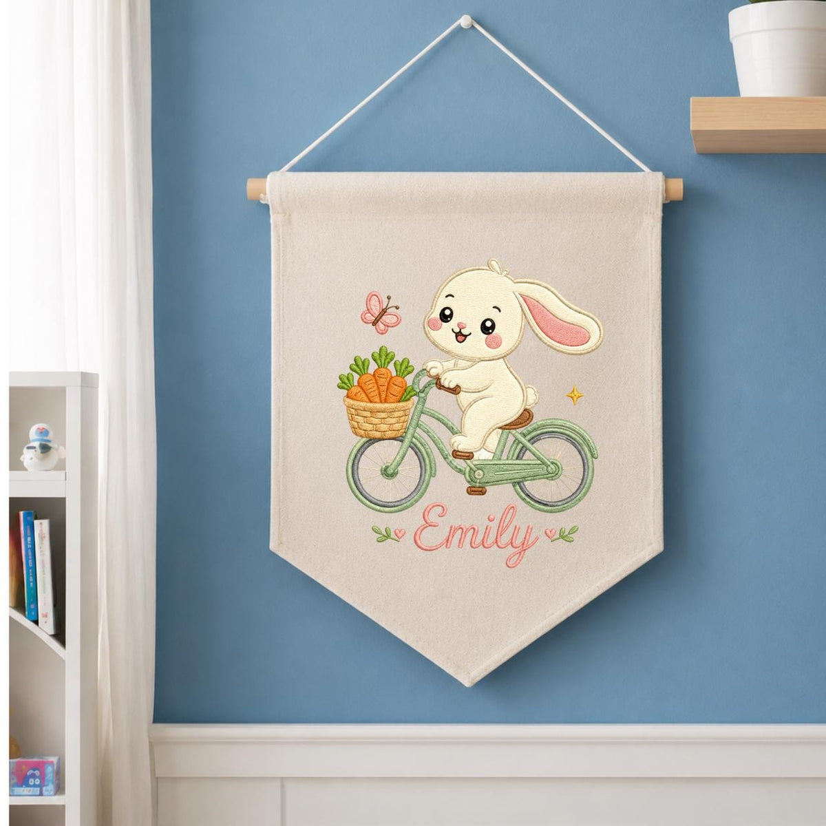 Embroidered Bunny Bike Linen Banner, Custom Name Nursery Decor, Carrot Wall Hanging