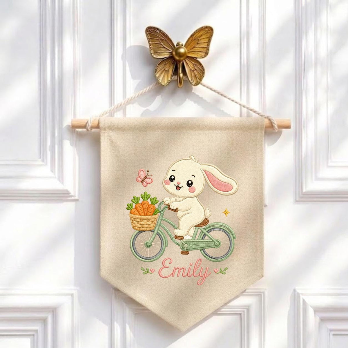 Embroidered Bunny Bike Linen Banner, Custom Name Nursery Decor, Carrot Wall Hanging