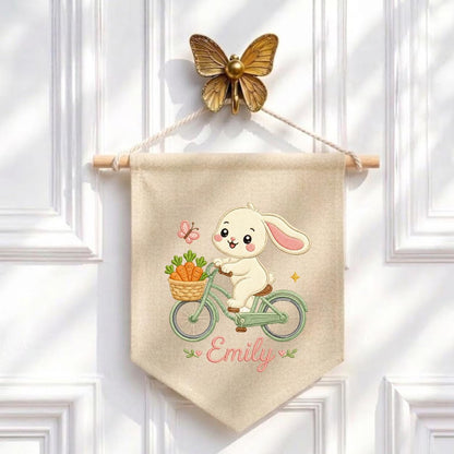 Embroidered Bunny Bike Linen Banner, Custom Name Nursery Decor, Carrot Wall Hanging