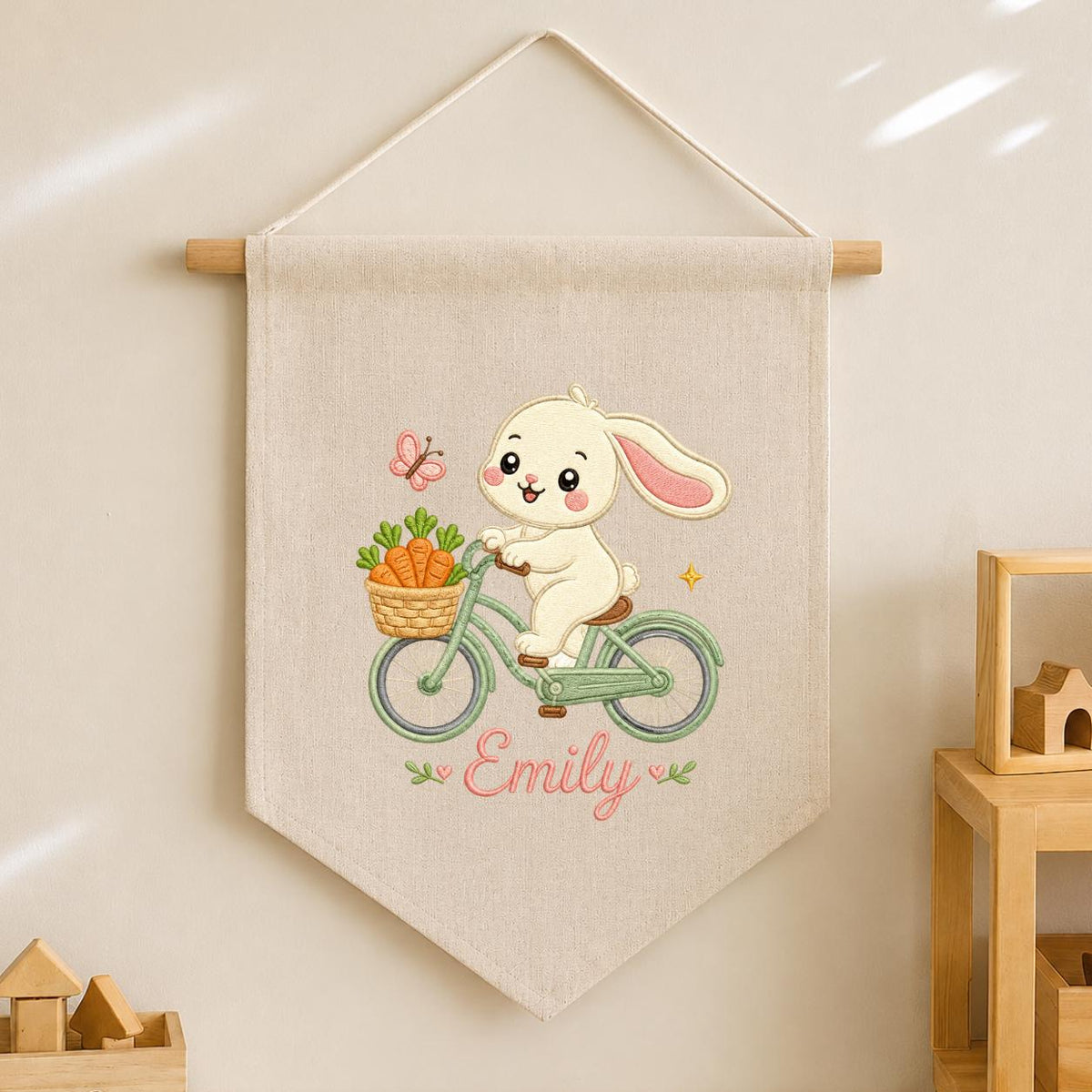 Embroidered Bunny Bike Linen Banner, Custom Name Nursery Decor, Carrot Wall Hanging