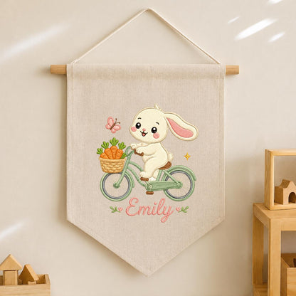 Embroidered Bunny Bike Linen Banner, Custom Name Nursery Decor, Carrot Wall Hanging