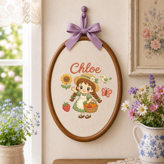 Personalized Cottagecore Garden Girl Embroidery Hoop Art, Custom Name Nursery Wall Hanging Sign