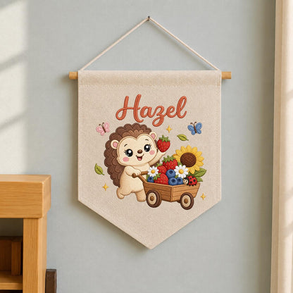 Personalized Hedgehog Berry Wagon Banner, Embroidered Woodland Nursery Decor, Hazel Name Wall Hanging